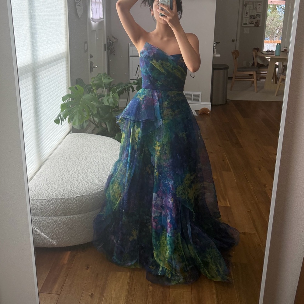 Theia Taya Organza Blue Floral Dress